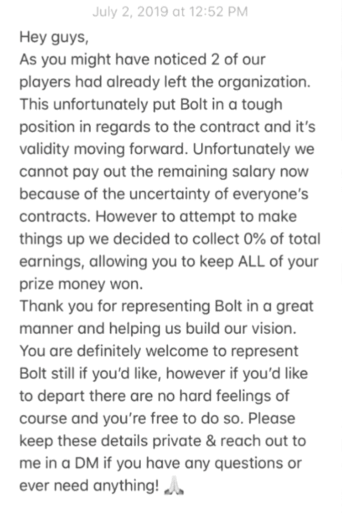 Statement from Bolt Esports to players