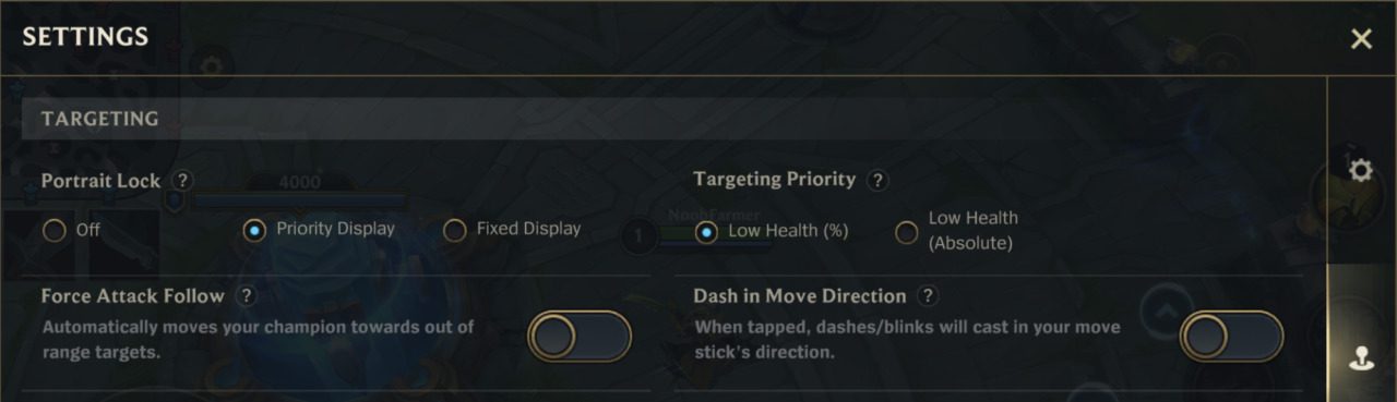 Targeting settings in League of Legends: Wild Rift