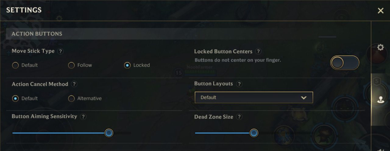 Action settings in League of Legends: Wild Rift