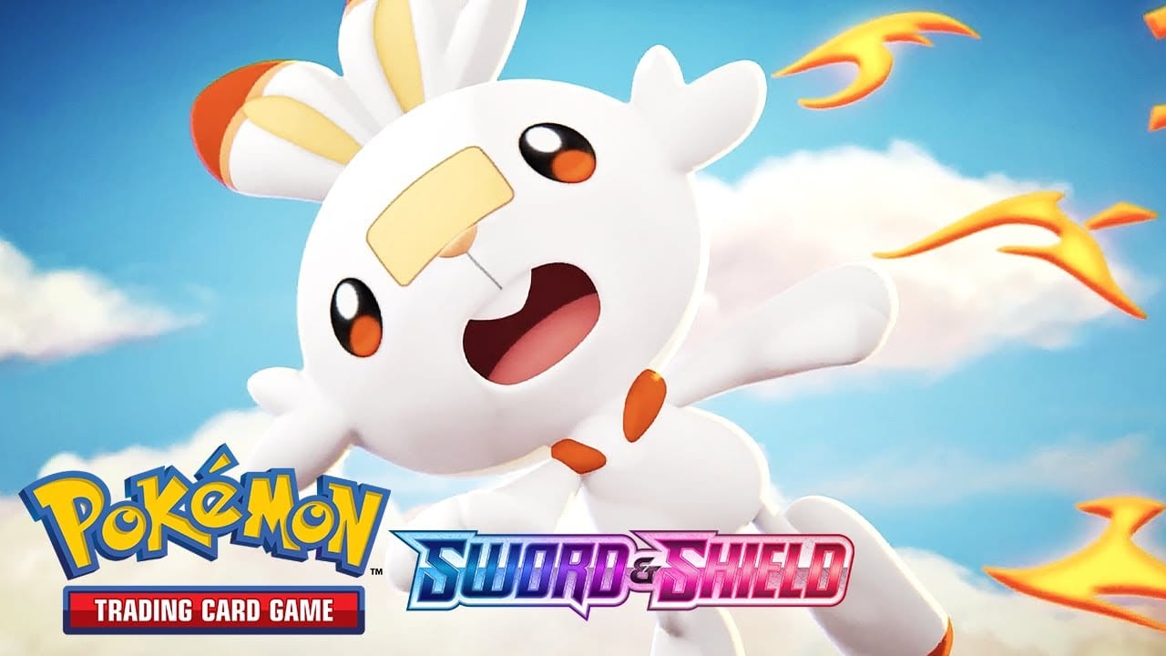 Scorbunny and logo for Pokemon Sword and Shield trading card game
