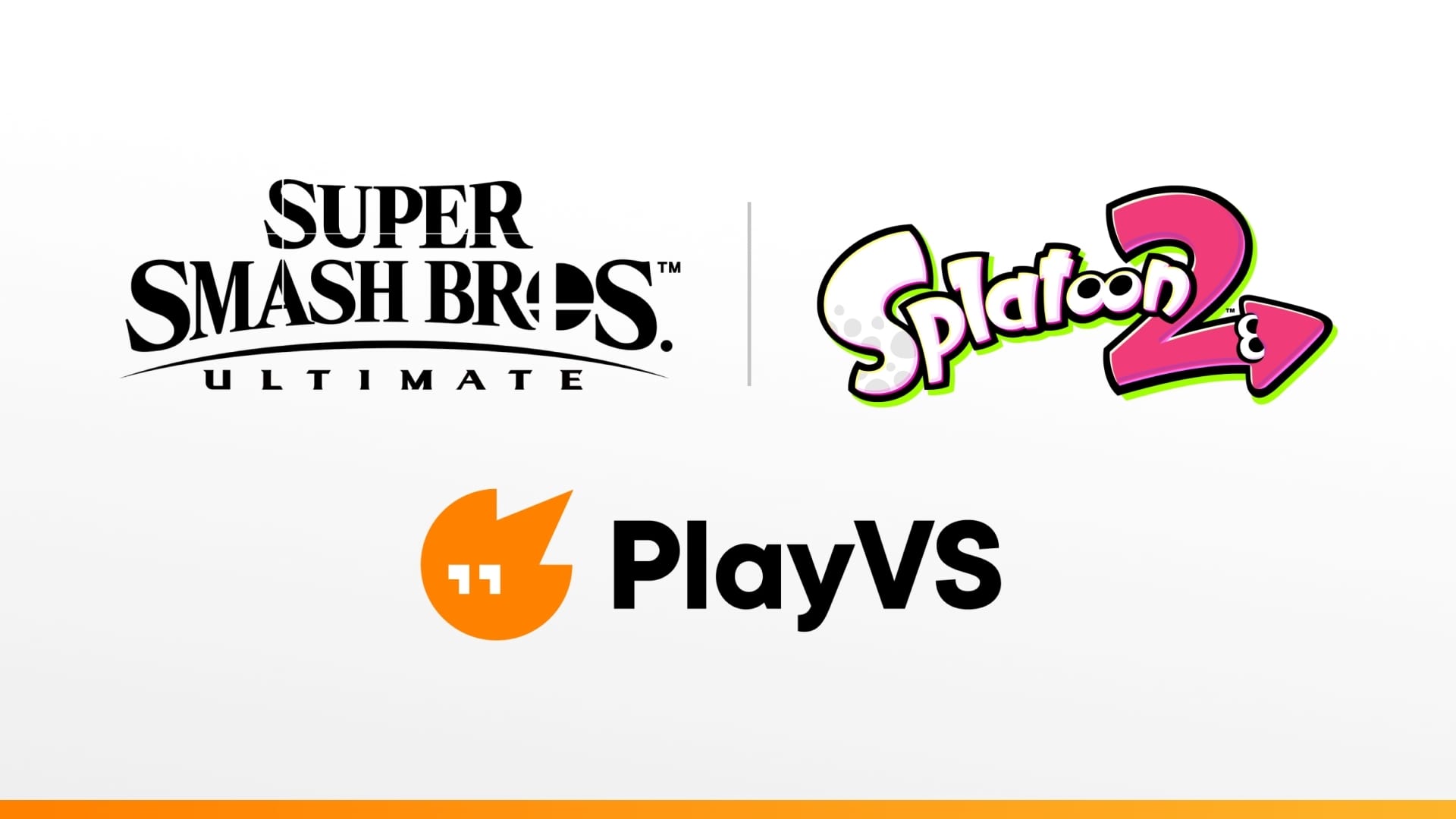 PlayVS underneath Super Smash Bros. Ultimate and Splatoon 2 logos for partnership with Nintendo.