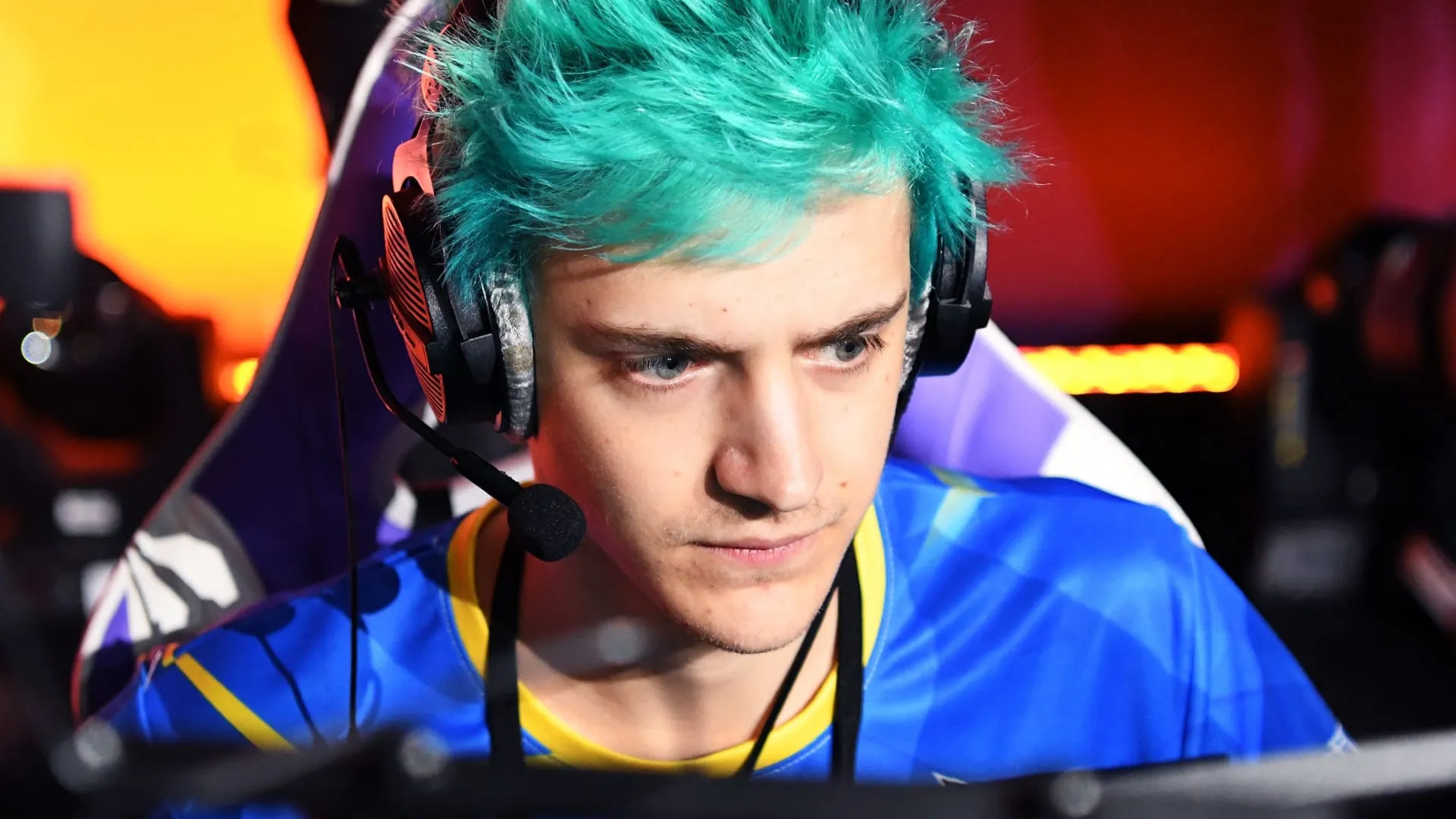 Ninja playing compeitive Fortnite during a tournament.