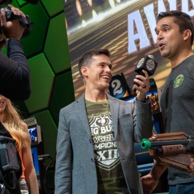 EsportsDoug interview a player during a Big Buck Hunter event