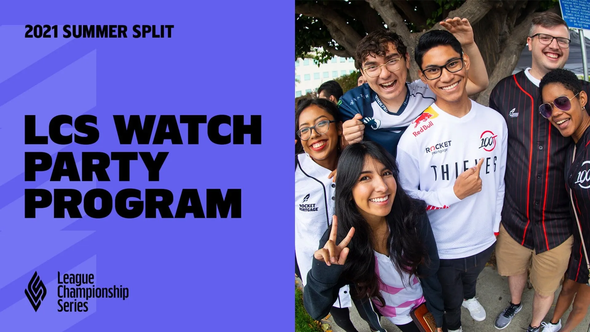 A group of League of Legends fans in an advertisement for the LCS Watch Party Program.
