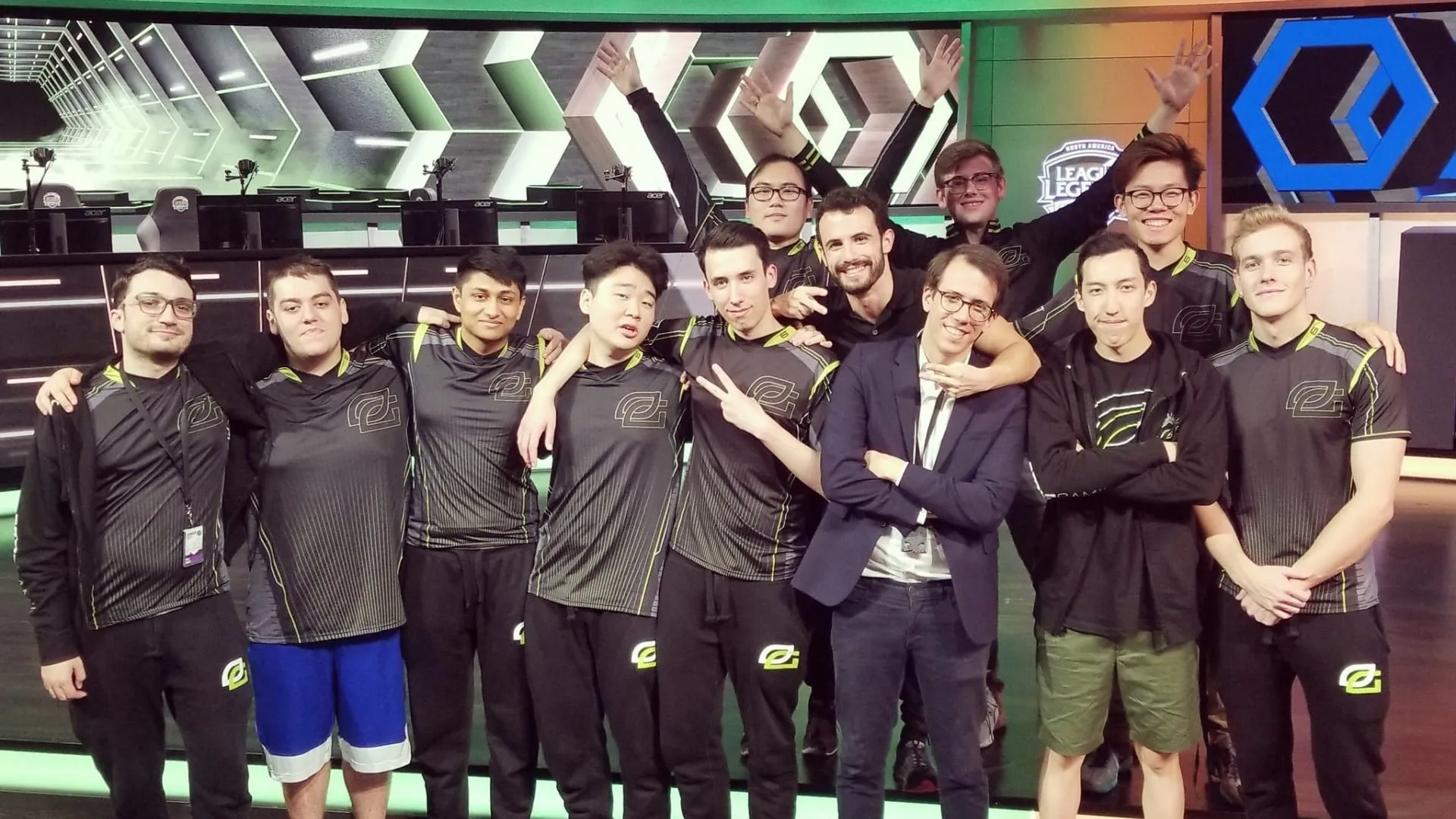 Palafox (second from the left) celebrates a 2-0 weekend with the OpTic Gaming LCS team.