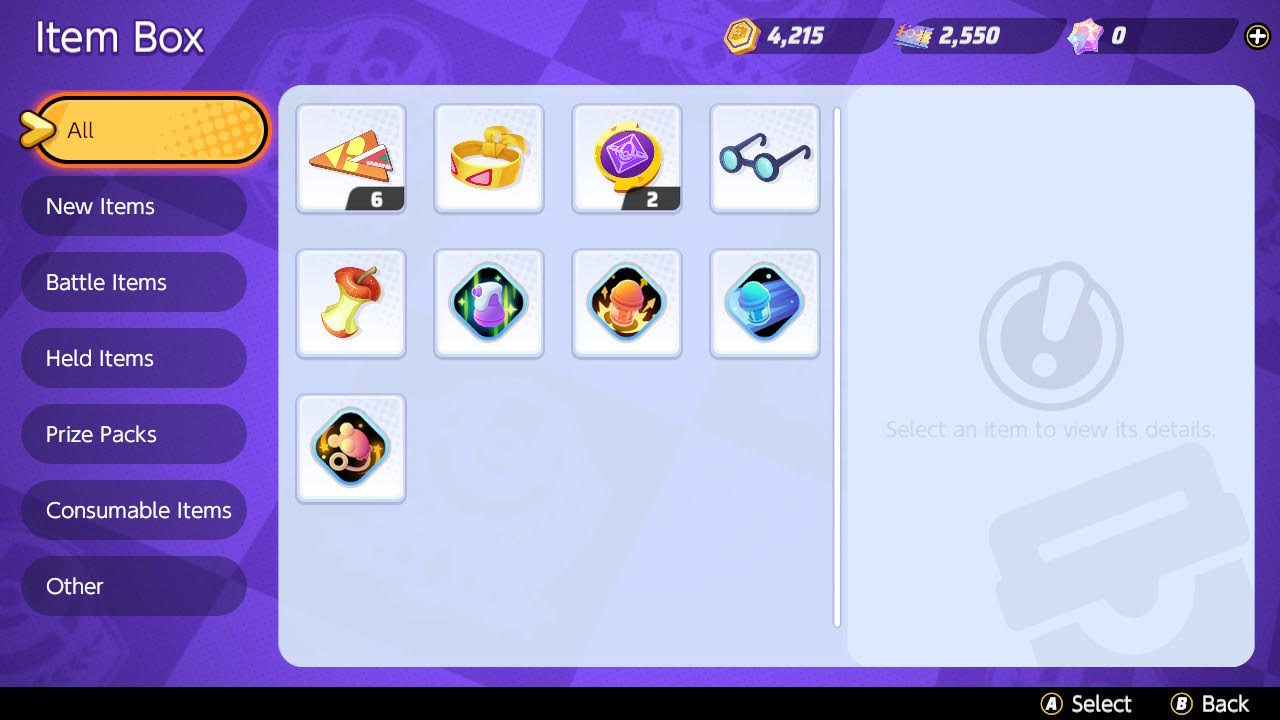 The Pokémon UNITE Item Box holds each players items and categorizes them.