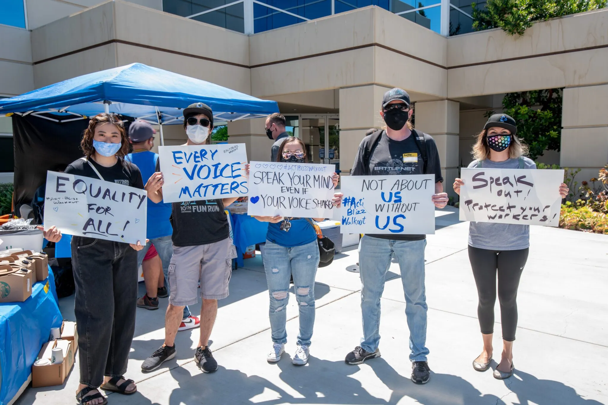 Protestors gather in front of Blizzard Activision HQ for a walkout
