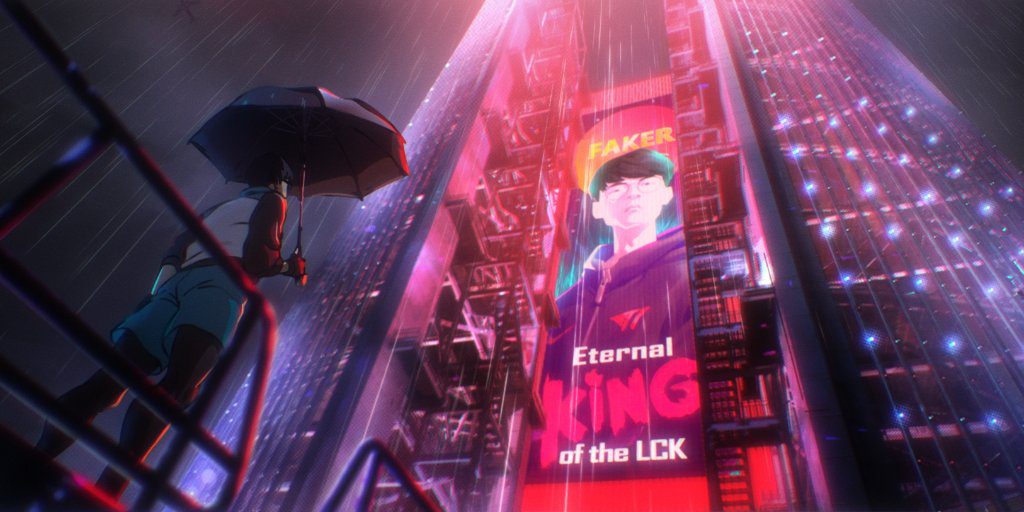 Faker, one of the players featured in the new Worlds song, on a billboard
