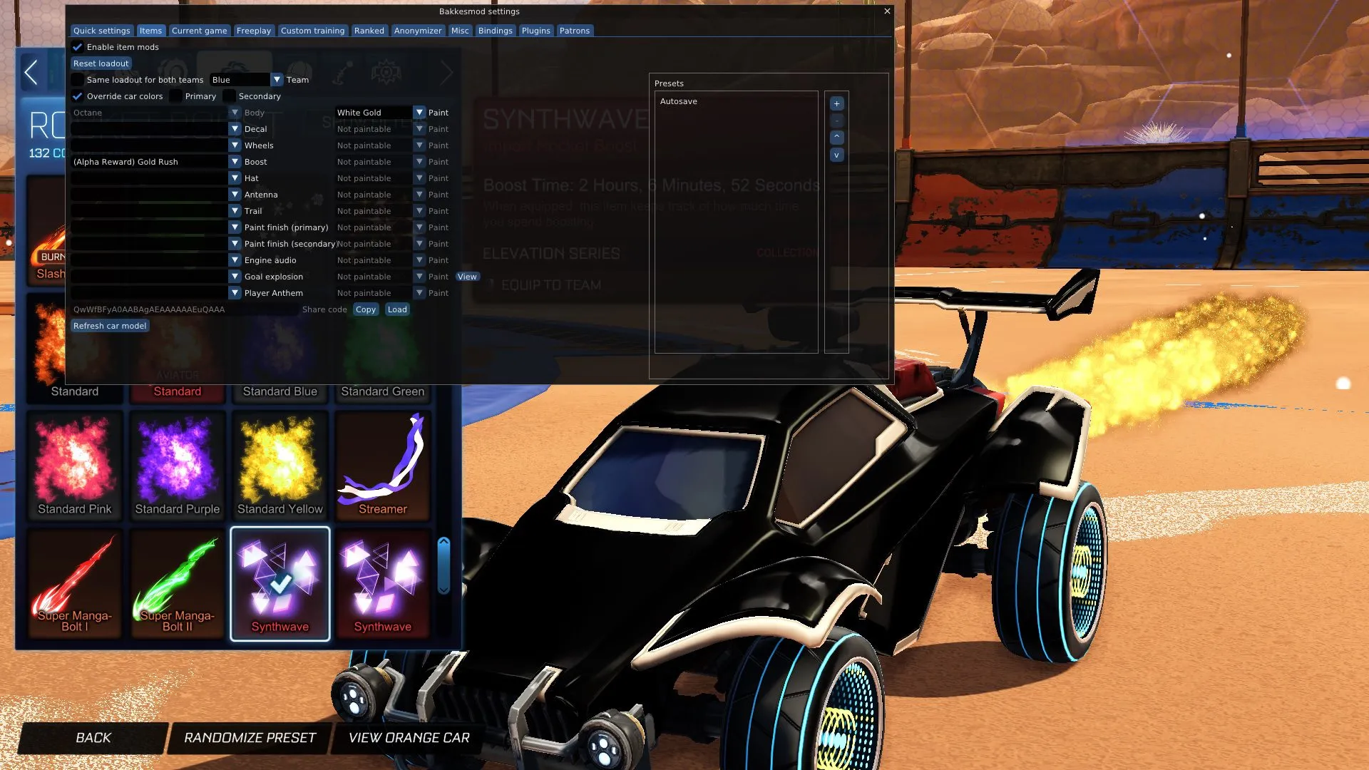 Bakkesmod in Rocket League showing a black car and alpha boost