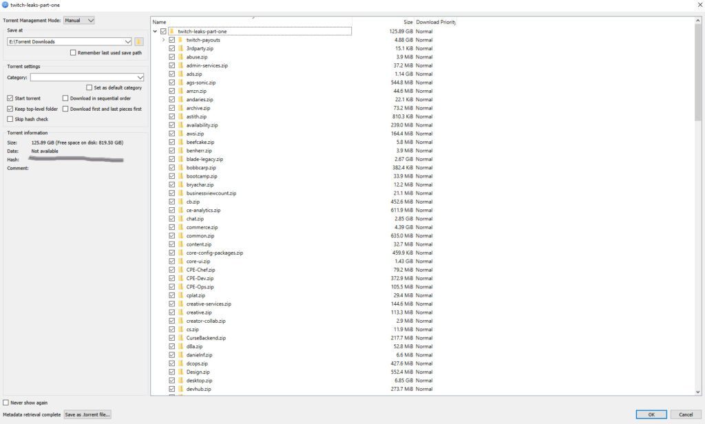 VGC did not download the entire torrent, but shared a screenshot and can confirm that it contains 125GB worth of data.