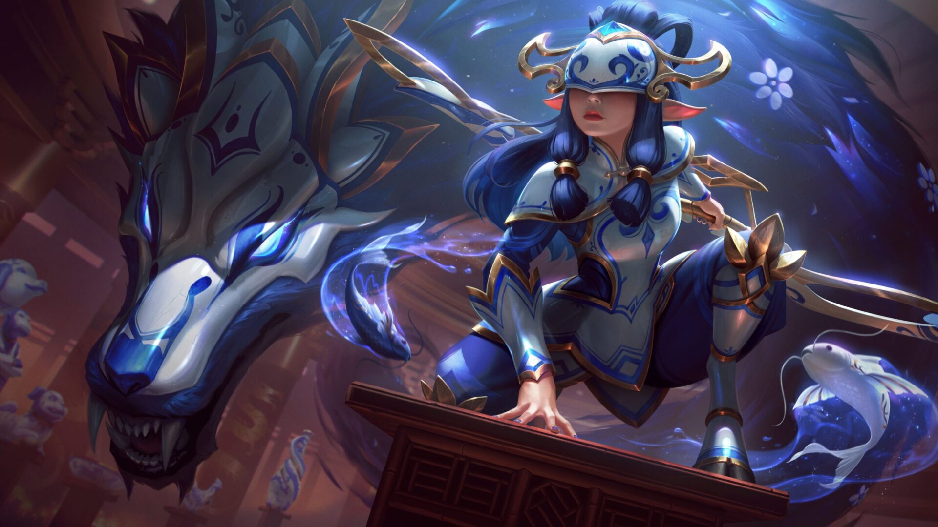 League of Legends splash art for Porcelain Kindred, one of many new Lunar Near Year themed skins in the LoL Lunar Revel 2022 event.