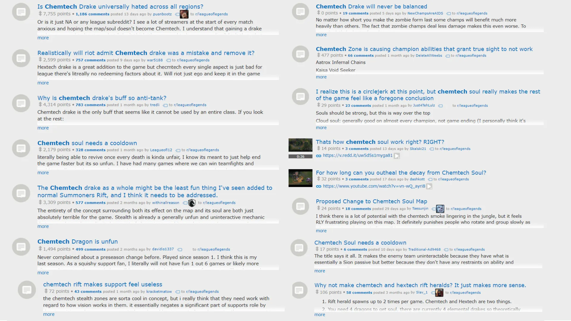 A list of reddit threads about players' problems with Chemtech Drakes