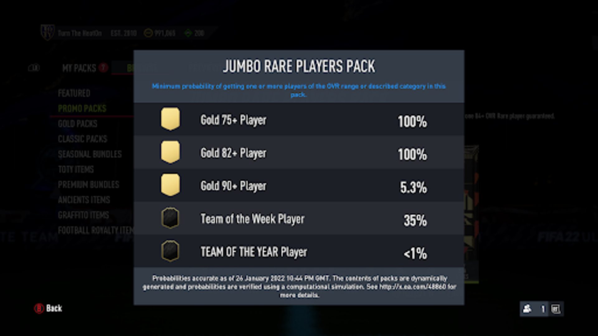 This is the probability displayed of a 100k pack usually worth 2,000 FIFA points