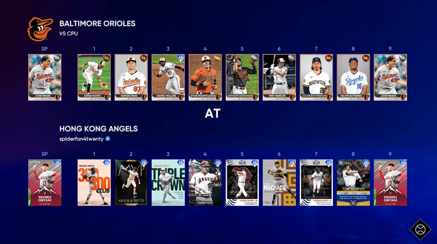 Hong Kong Angels starting screen against AI Baltimore Orioles 