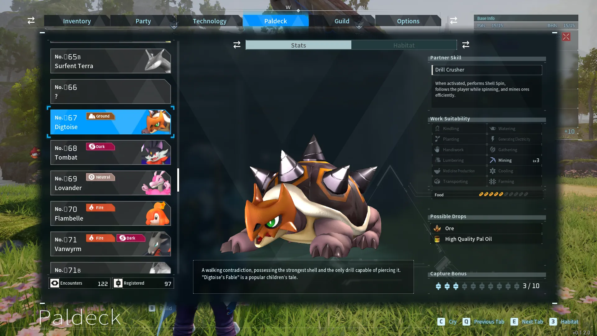 Palworld's Paldeck showing Digtoise, a brown creature with a black shell, and an orange skull.