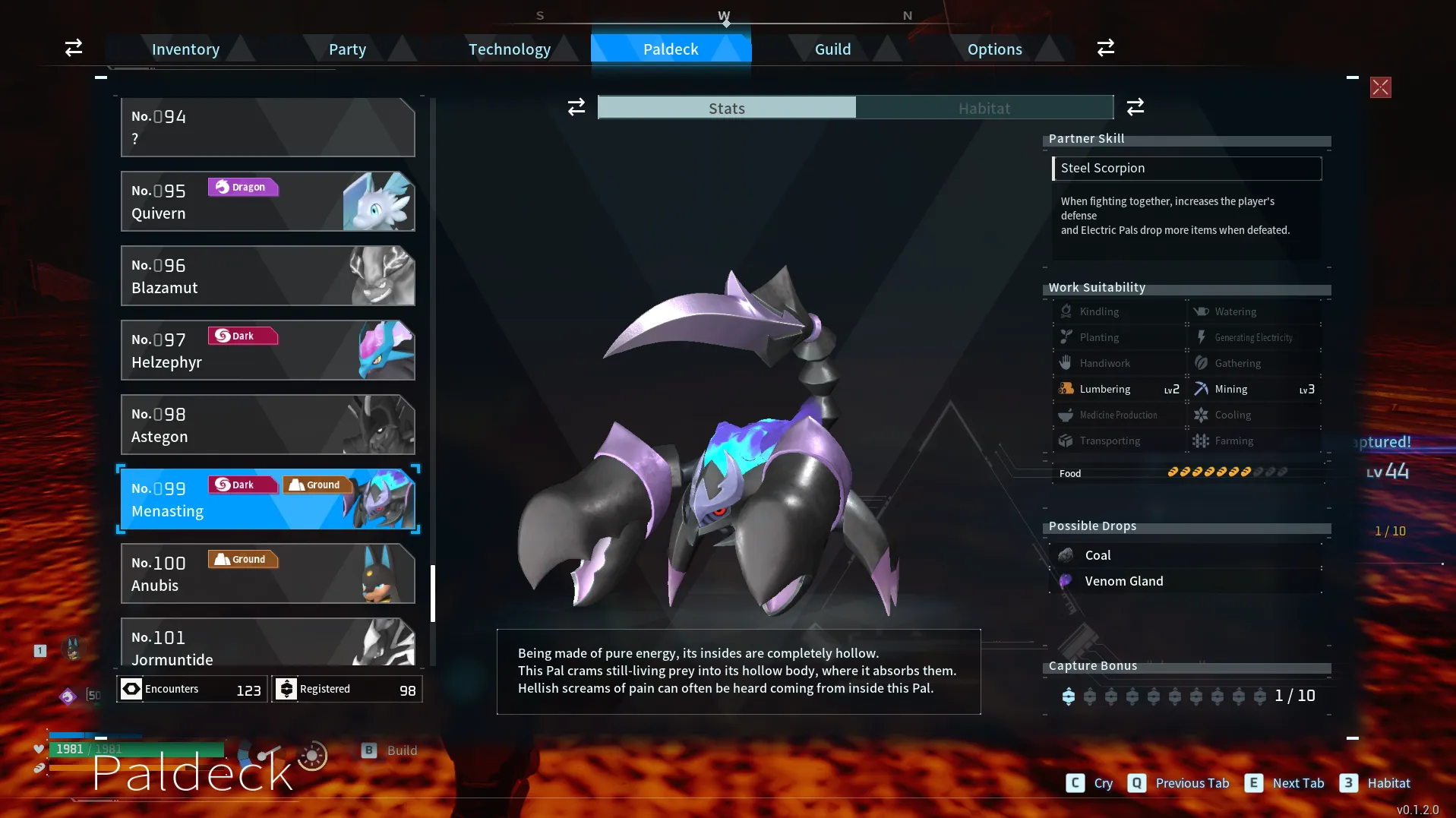 Menasting, a purple character with a scorpion tail.