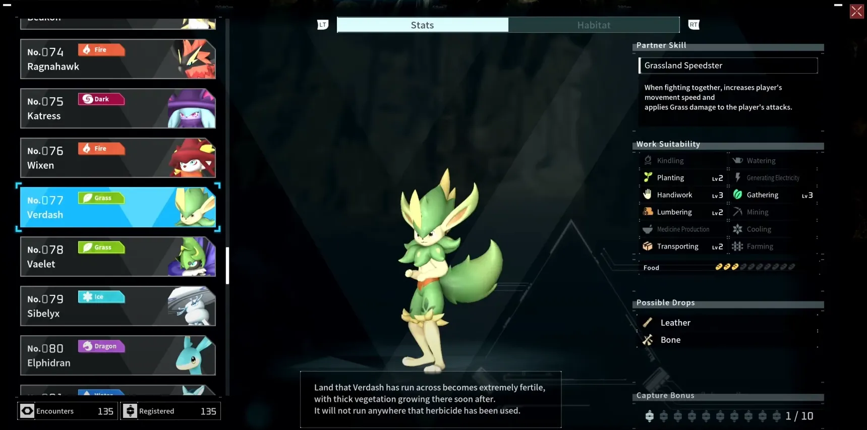 Verdash standing in the Palworld Paldeck.  A Green creature with yellow accents. 