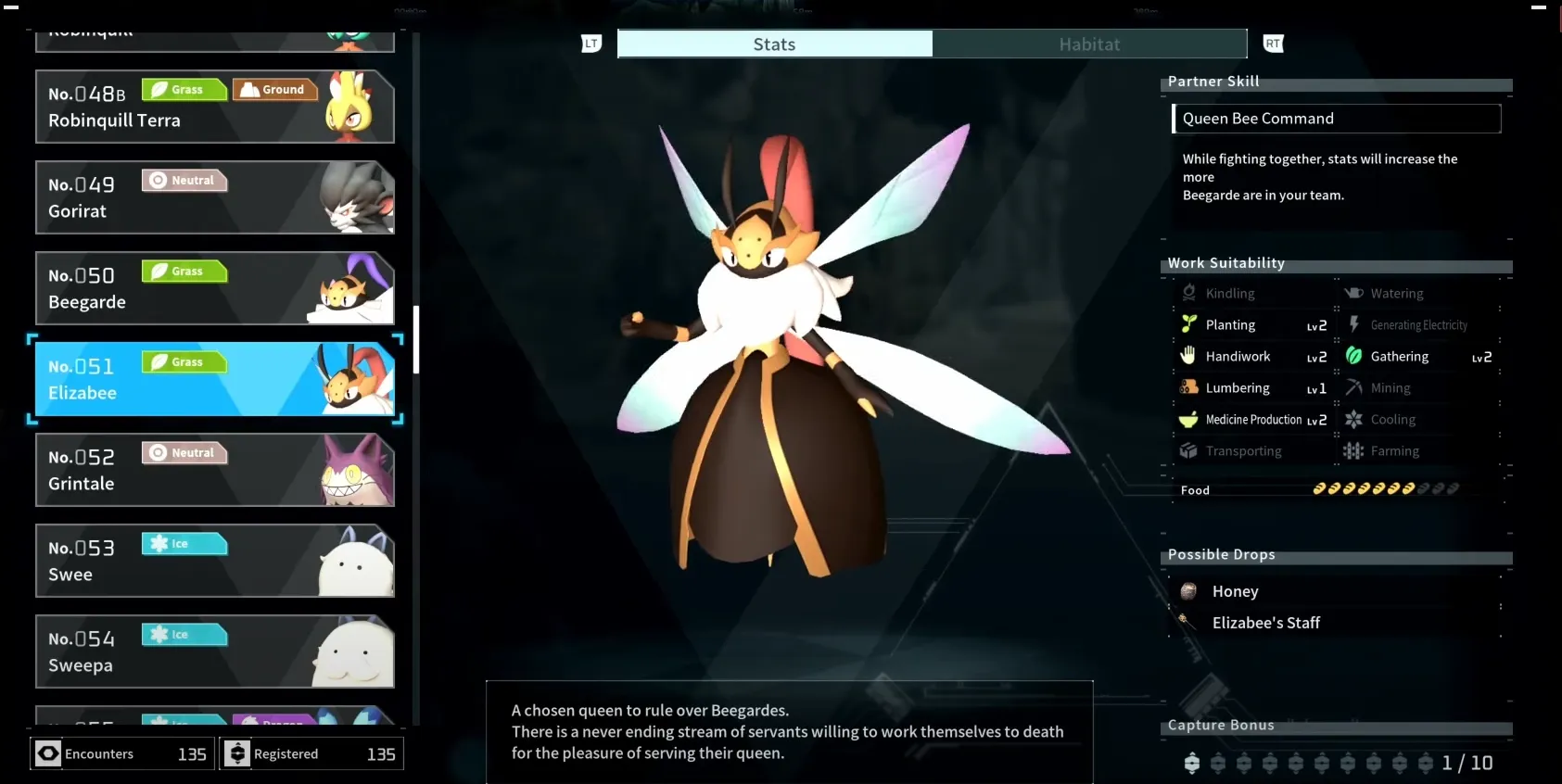 Elizabee, a brown and gold creature with a bee head and white wings in Palworld's Paldeck. 