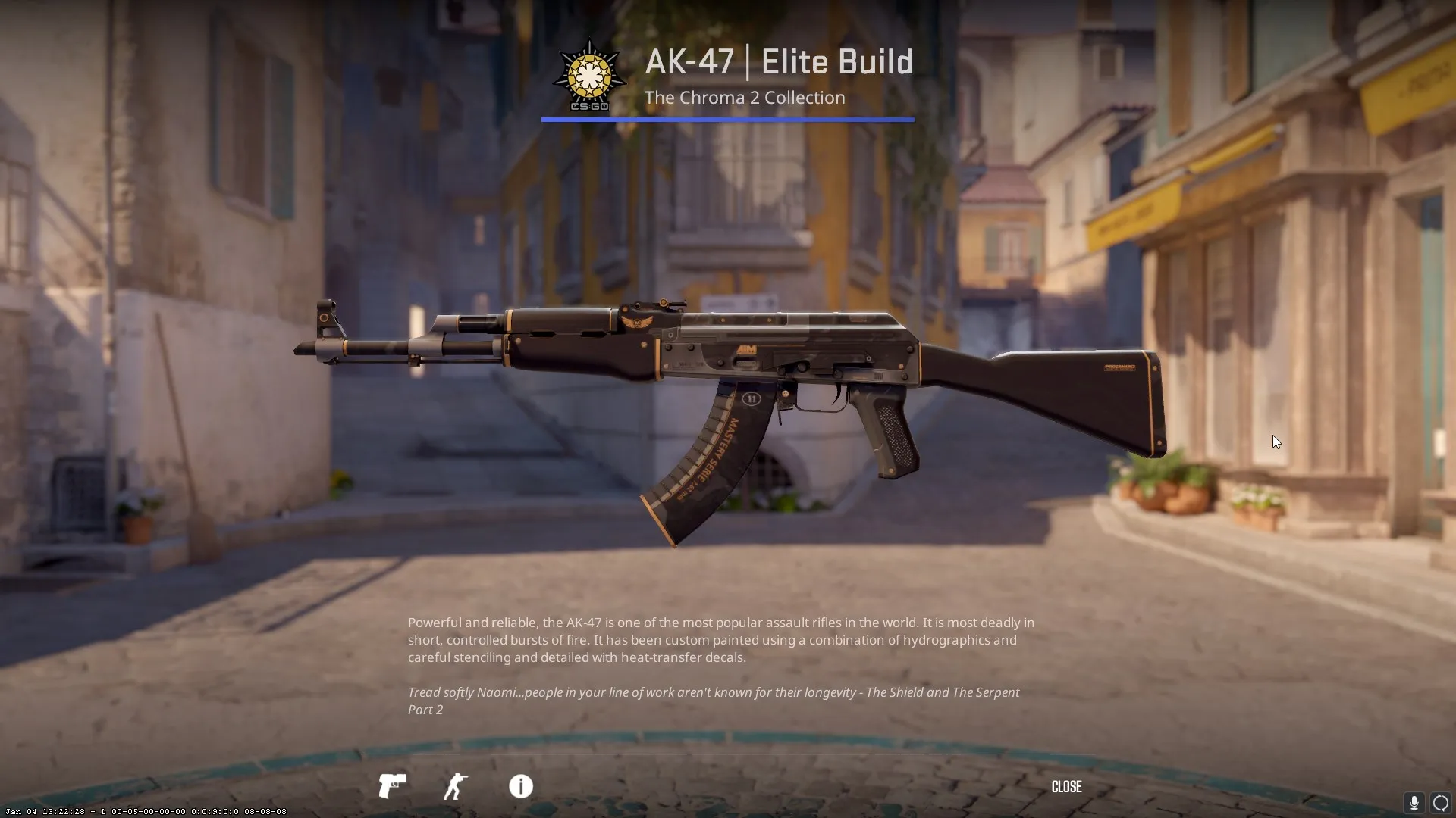 An Elite Build AK-47, a black and grey skin with gold detailing.