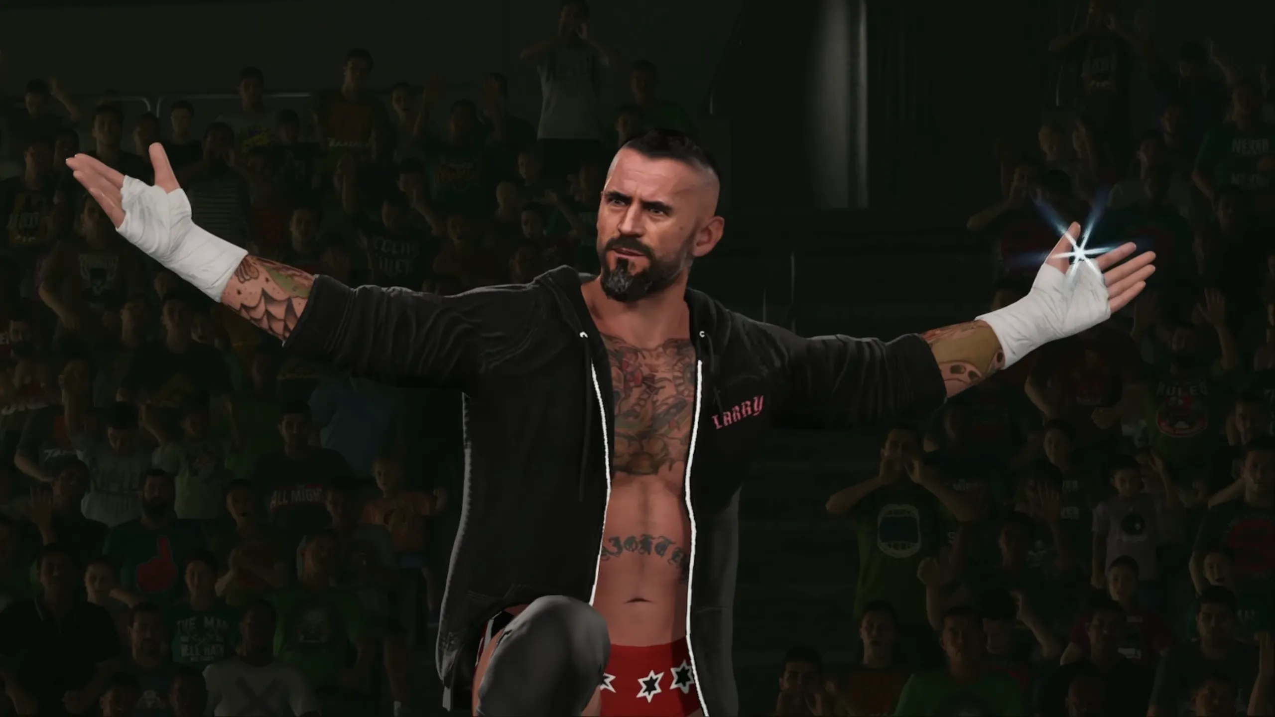 A CAW of CM Punk, wearing a black hoodie with "Larry" written on it, standing on the turnbuckle with his arms out.