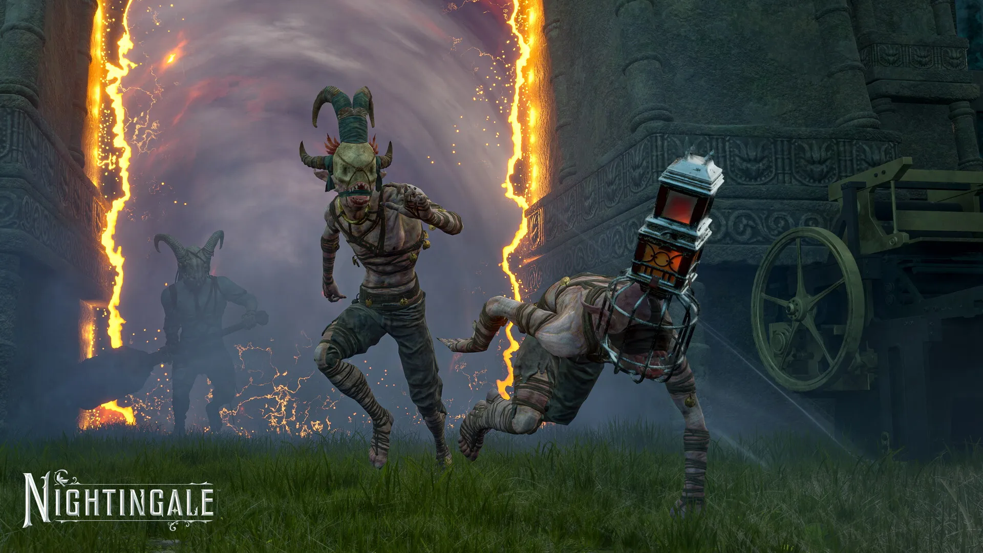 Two Nightingale characters running out of a portal, wearing a metal cage around their head.