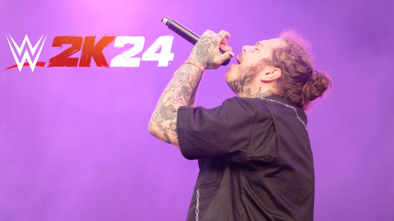 Post Malone wearing a black shirt holding a microphone against a purple background.