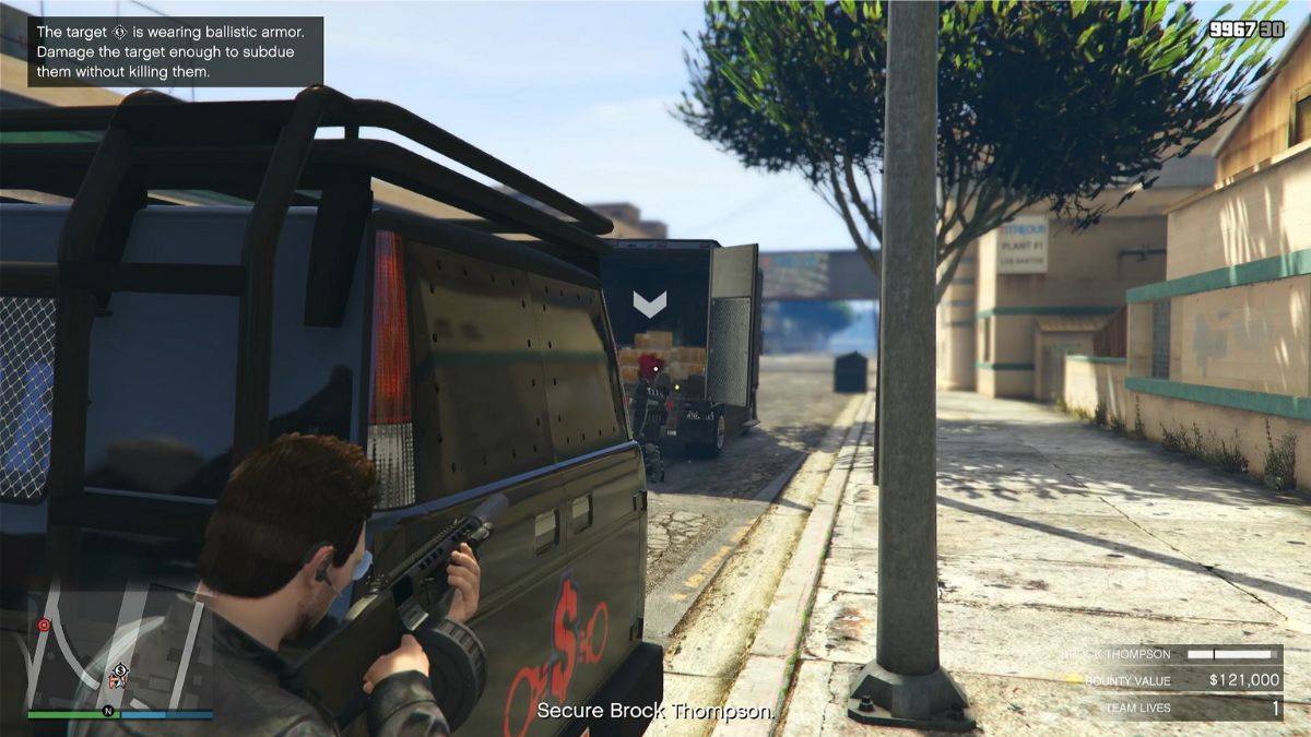 GTA Online player taking cover behind a van and attacking Brock Thompson safely.