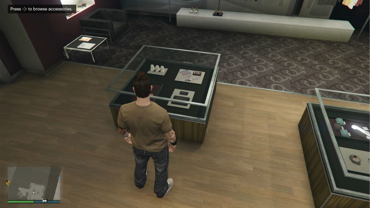 Player character showing where to buy jewelry in GTA Online at a Ponsobys store.