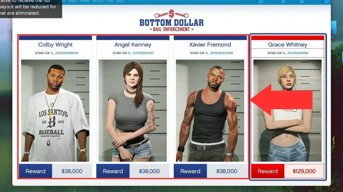 The hourly bounty targets in the bail office of the bottom dollar bounties dlc.