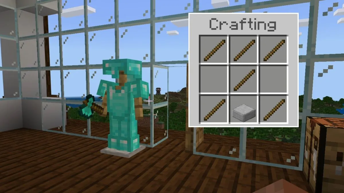 An armor stand and the recipe that shows how to make an armor stand in Minecraft.