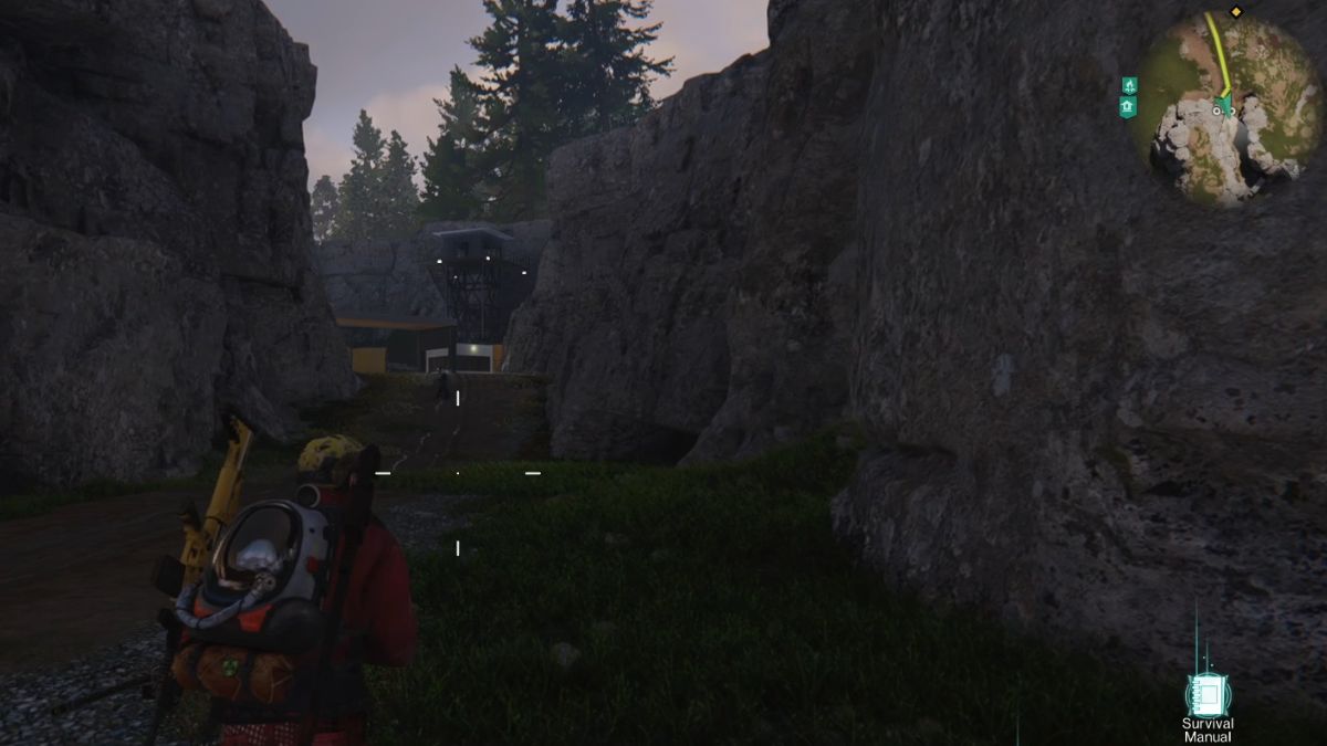 A player entering the Ricci Securement Point Exploration from the north west between two cliffs. 
