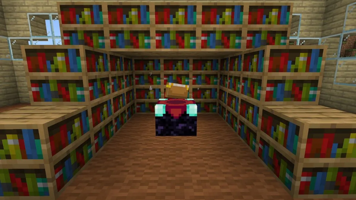 An Enchantment Table in Minecraft surrounded by bookshelves.