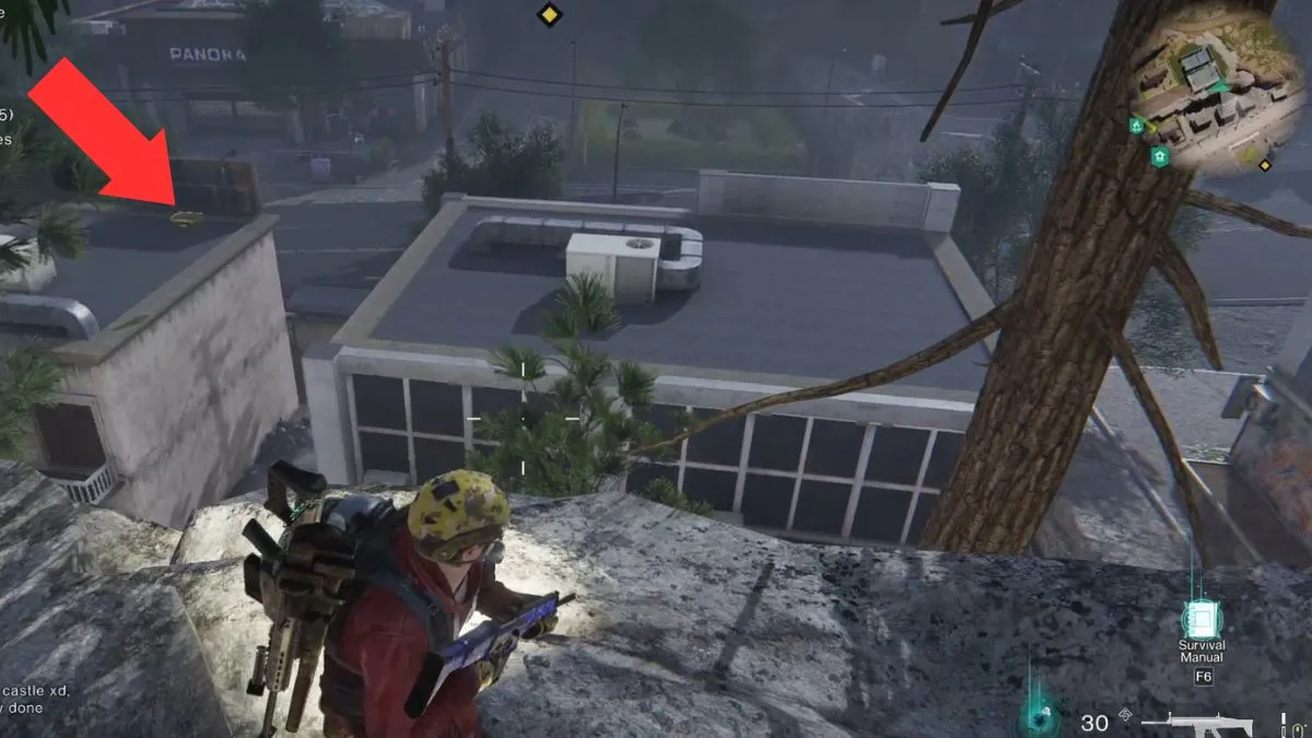 Arrow points out a gear crate on the roof of a building at Alkirk in Once Human.