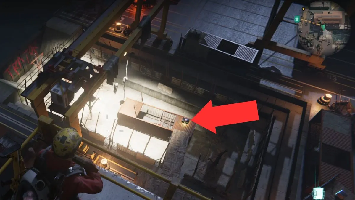 Another gear crate at Rippelby, sitting below the player and highlighted by an arrow.