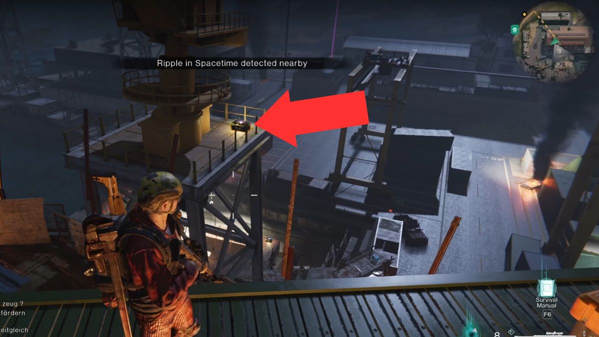 A gear crate at Rippelby on top of a tower, highlighted by an arrow.