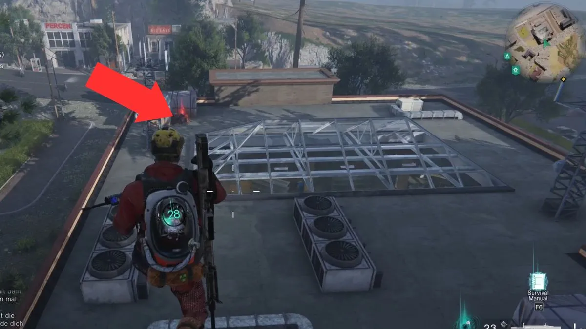 Player jumping from a cliff to get to the Mystical Chest on the roof of the Supermarket at Alkirk, which is highlighted by an arrow.