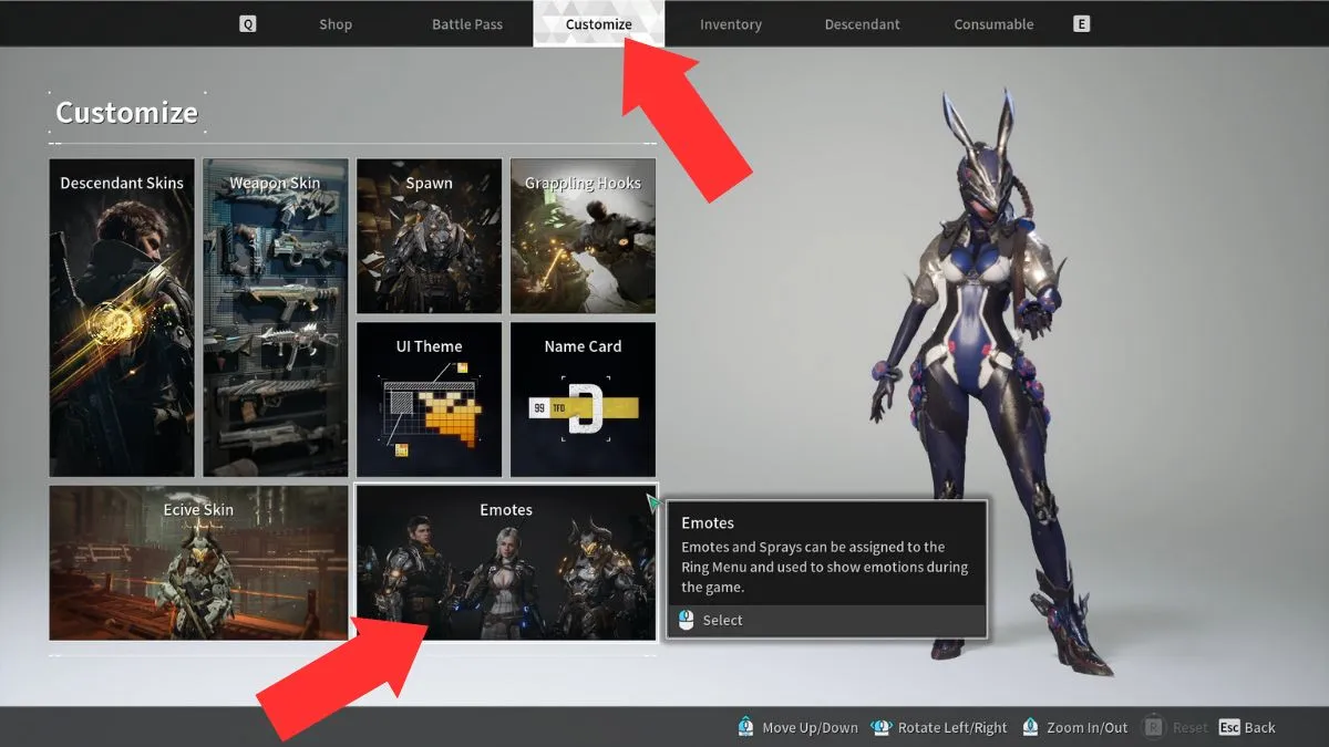 The inventory menu with arrows showing players how to equip emotes in The First Descendant on PC.