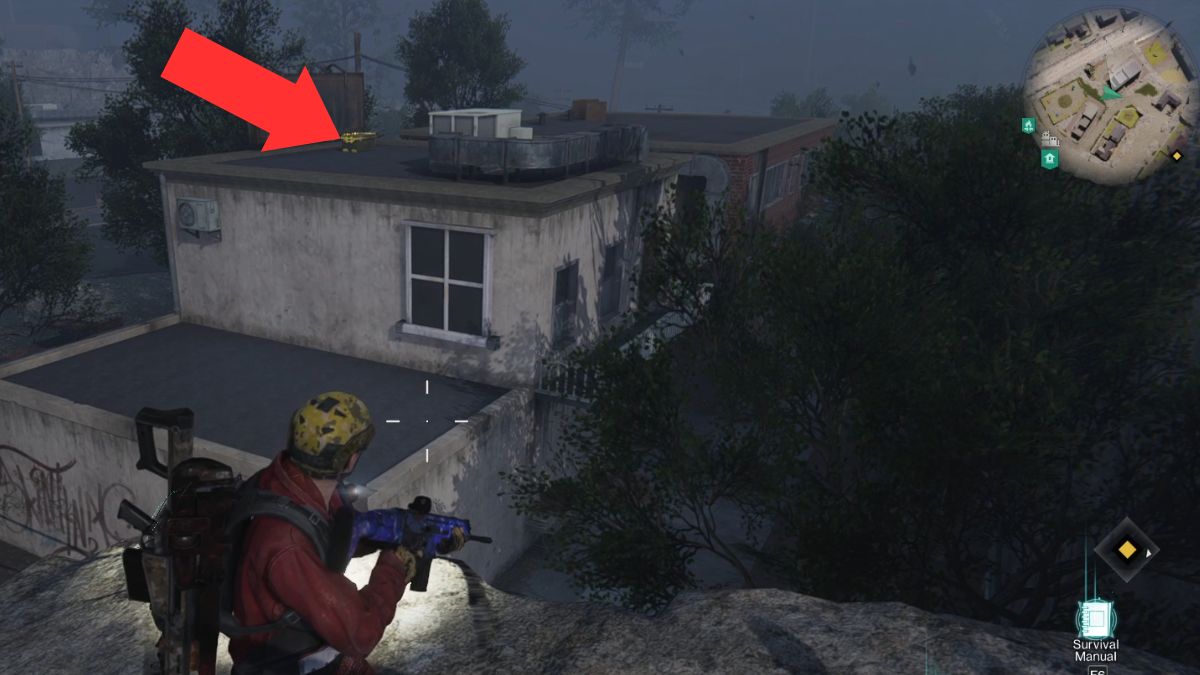 Arrows shows another gear crate on the roof of a building near the supermarket at Alkirk in Once Human.