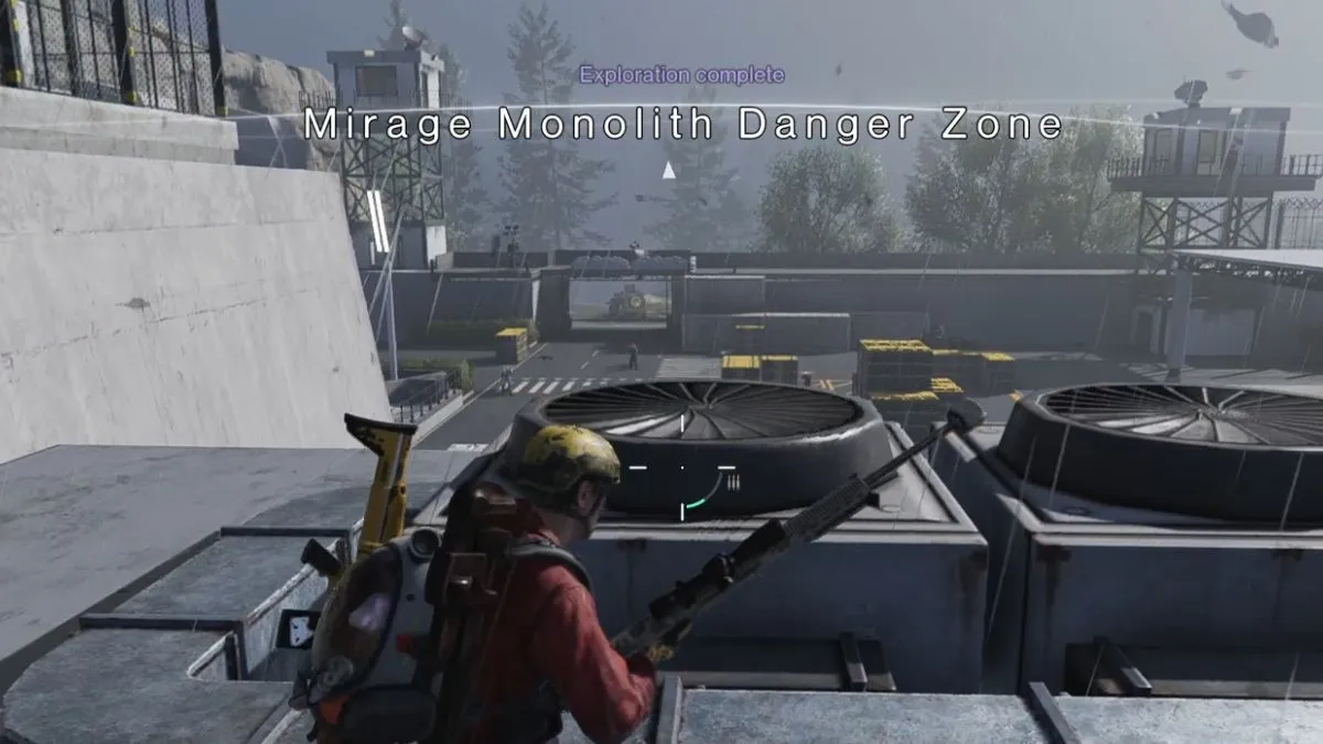 The Mirage Monolith exploration complete message displays on screen as the player battles enemies from a rooftop.