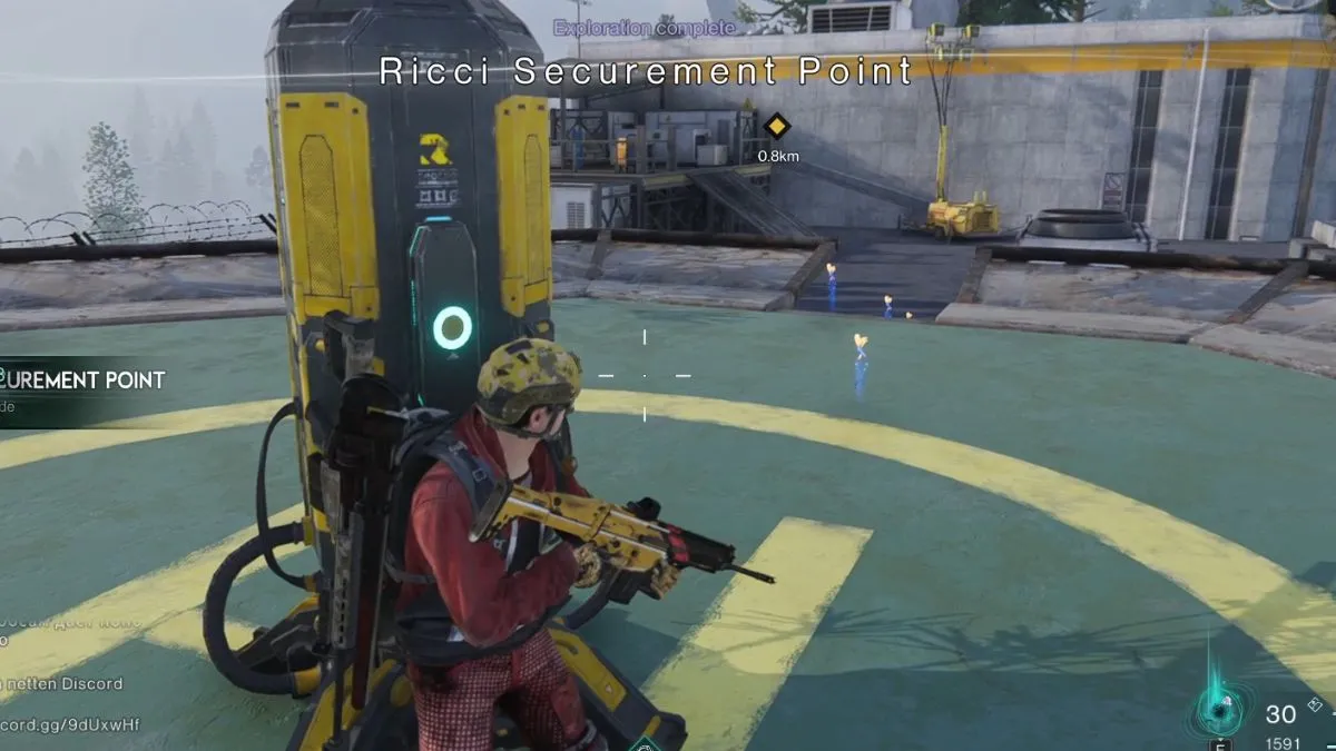 Player standing by the Rift Anchor at Ricci Securement Point as the Exploration complete message shows on-screen.