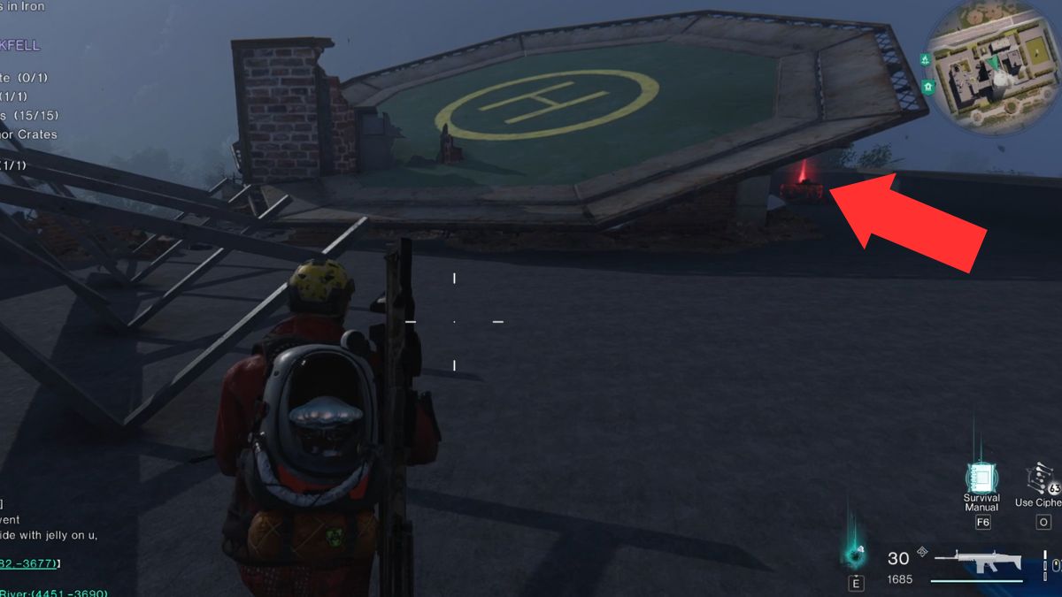 The Mystical Crate at East Blackfell Junction hidden under the helipad and highlighted by an arrow in Once Human.