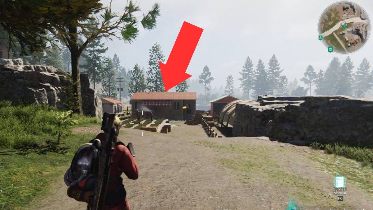 Arrow pointing to the house that contains a weapon crate at Alkirk in Once Human.
