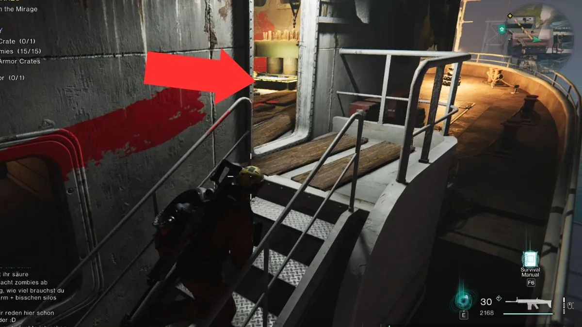 A weapon crate in the bridge of a ship at Rippelby, highlighted by an arrow.
