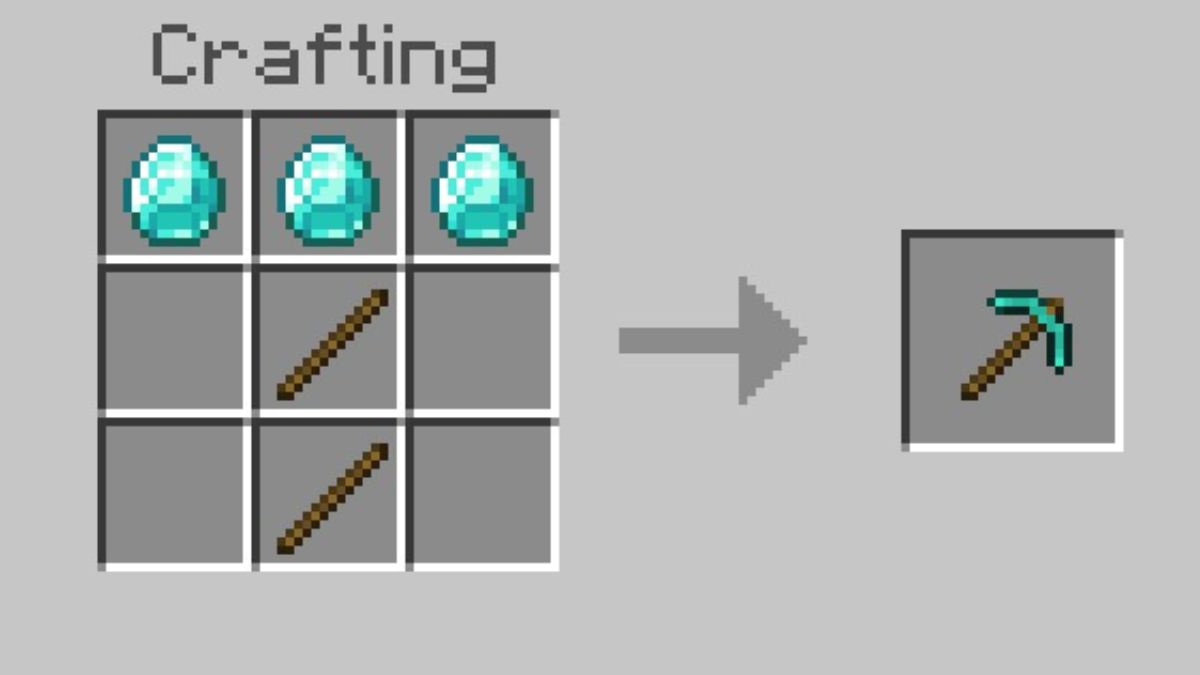 A Diamond Pickaxe recipe laid out on a crafting table in Minecraft, used so that the player can make a portal.