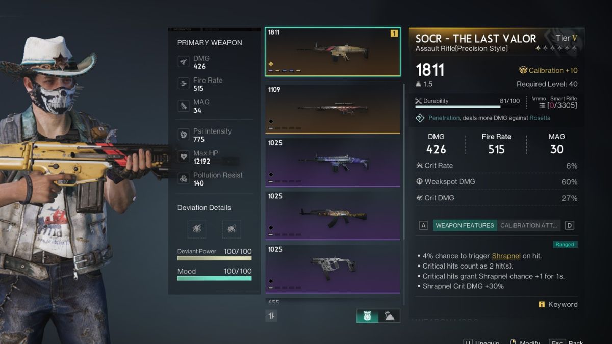 The player weapons screen in Once Human with the SOCR Last Valor visible and with the stats showing.