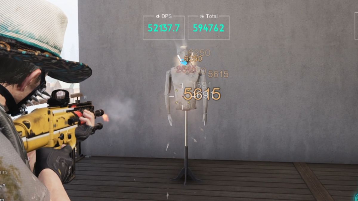 A player fires at a test dummy in Once Human, testing the Shrapnel build when the Shrapnel Souvenir mod is used.
