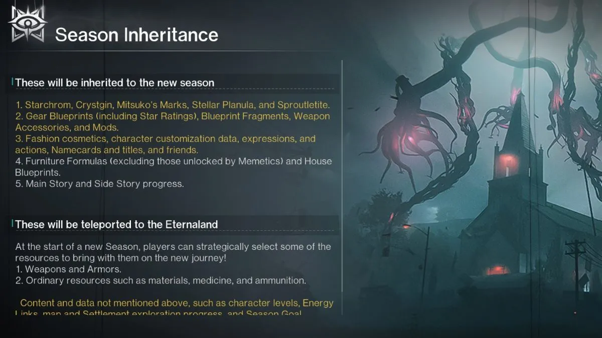 The items that players can keep after season-reset shown on-screen in the in-game menus of Once Human.