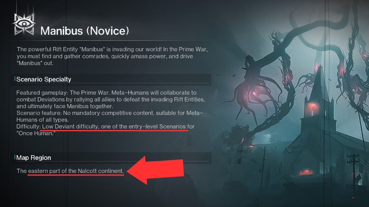 The season-info tab in Once Human's game menus, with difficulty and map region highlighted for context.