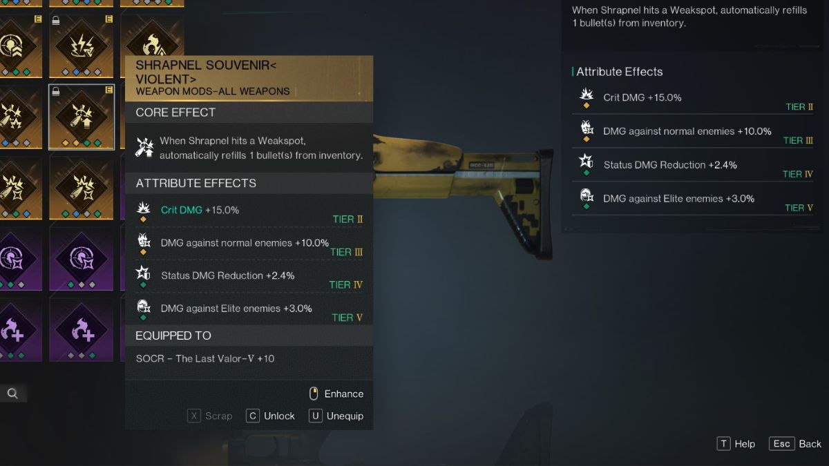 The Shrapnel Souvenir mod with it's stats visible, equipped on the SOCR in the player inventory screen.