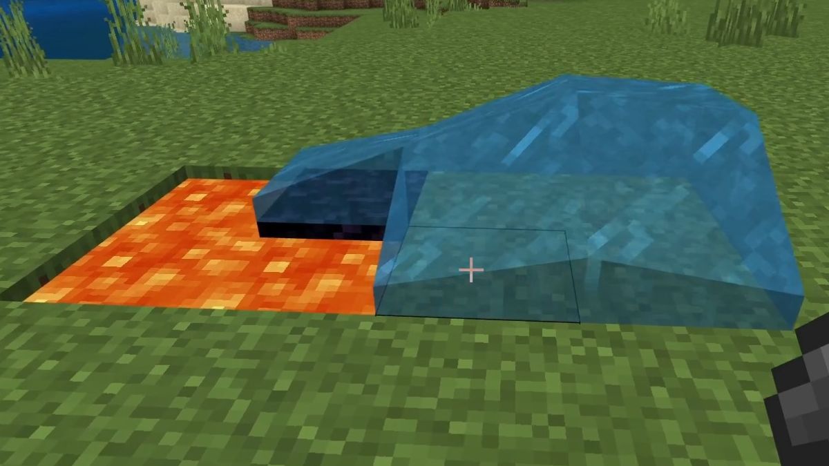 Water running over lava in Minecraft, turning it into Obsidian for portal construction.